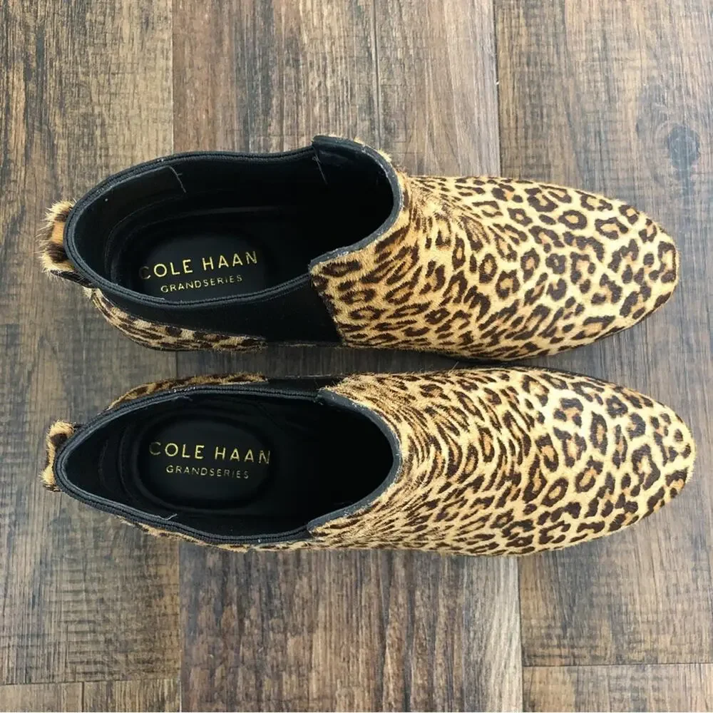 Cole Haan Ankle Bootie Leopard Print Pull On Boot Dyed Calf Hair Size 5.5